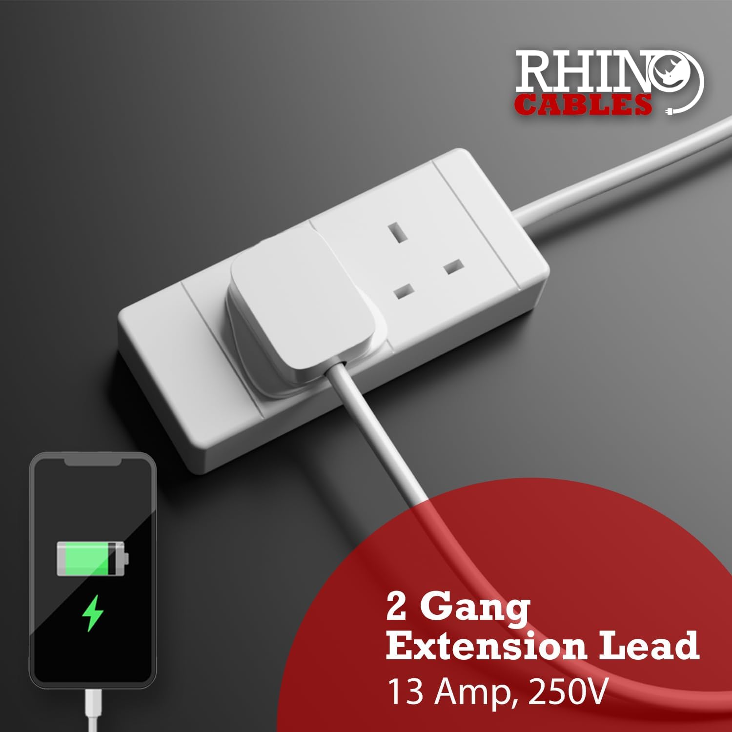 2 Gang Way UK 13A Trailing Socket Mains Power Extension Lead Whit