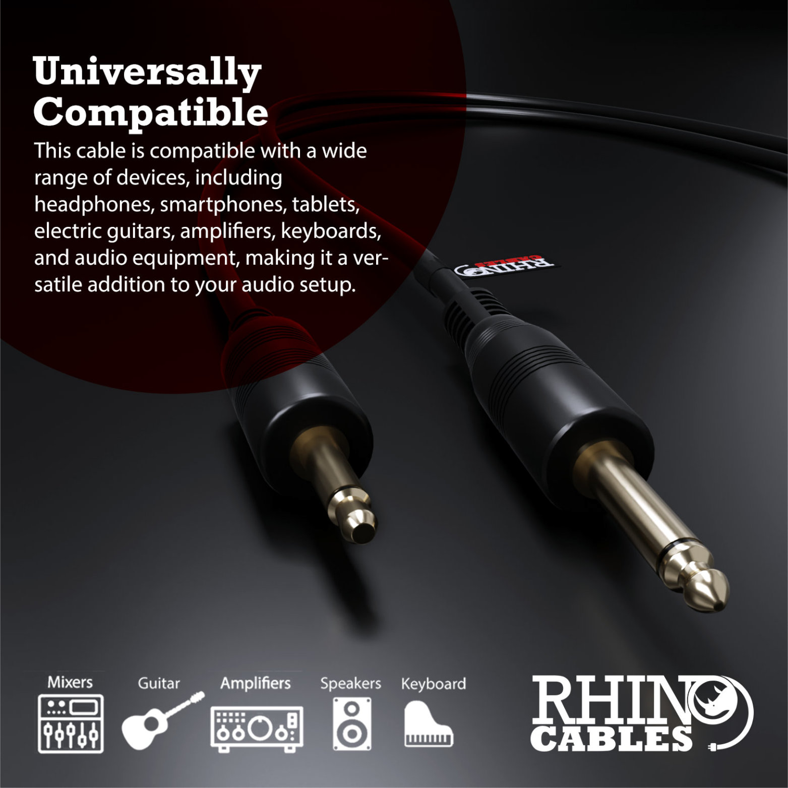 rhinocables 3.5mm to 6.35mm Mono Jack Audio Cable TS Aux Sound Lead Male Plug For Laptop, Guitar, Amps, ipods, Keyboards, Headphones, Sound Mixing